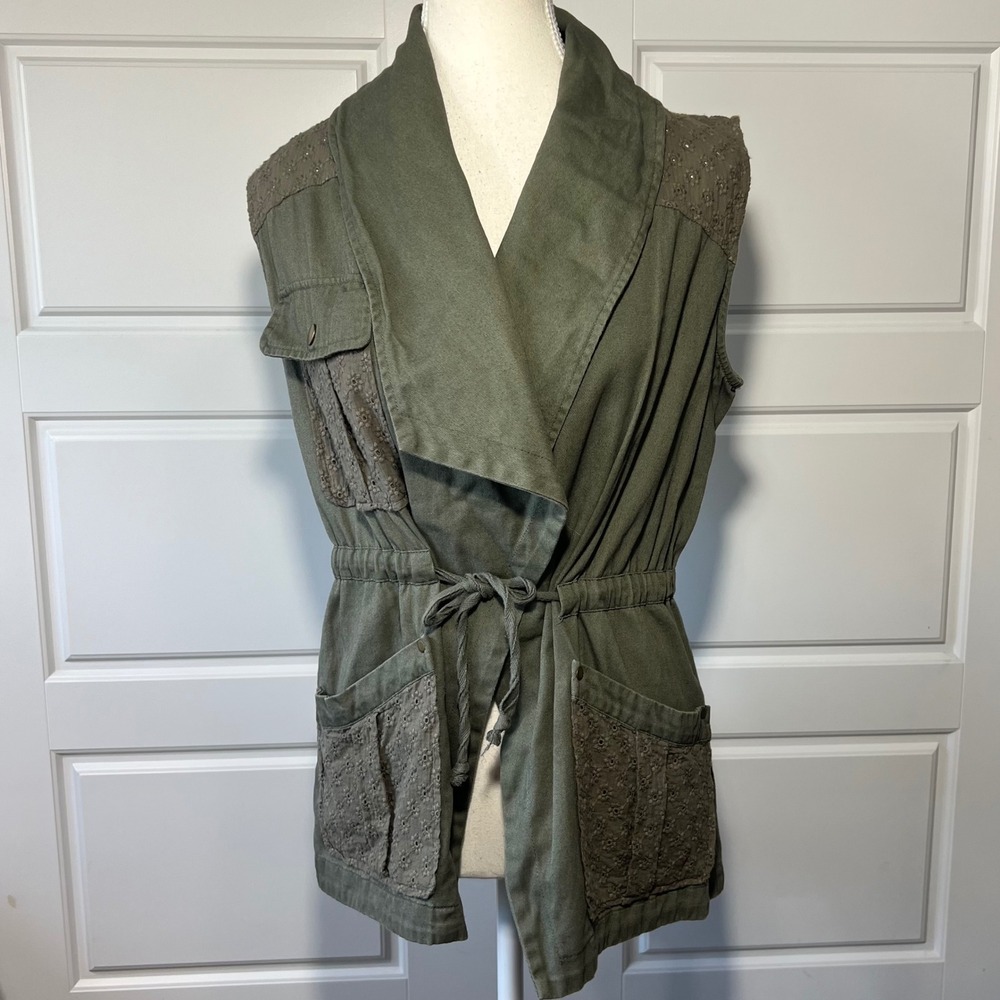 Blue Rain Olive Green Utility‎ Vest Lace Detail Tie Waist Women's Size Small
